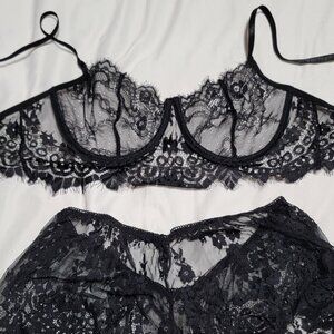 Sexy black eyelash lace lingerie set top and shorts